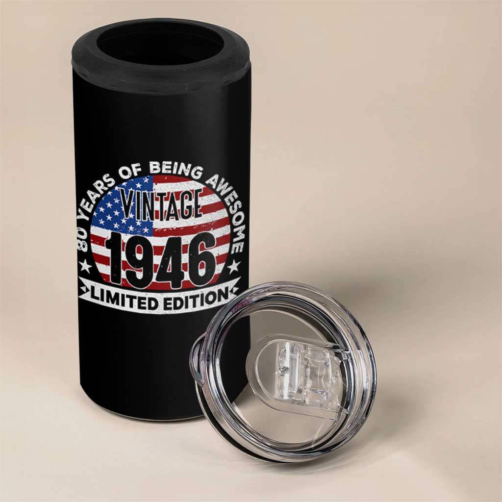 80th Birthday 4 in 1 Can Cooler Tumbler Vintage 1946 80 Year Old Birthday American Flag