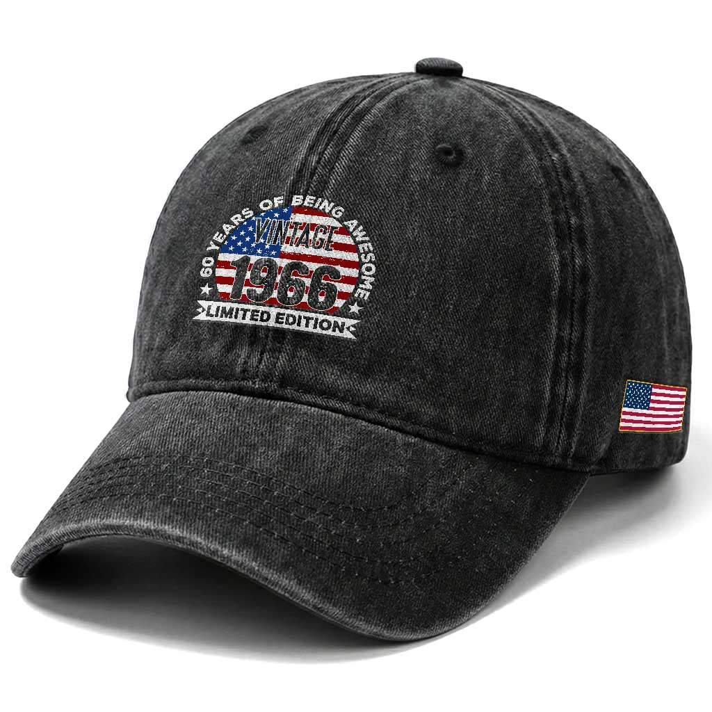 60th Birthday Washed Cotton Baseball Cap Vintage 1966 60 Year Old Birthday American Flag