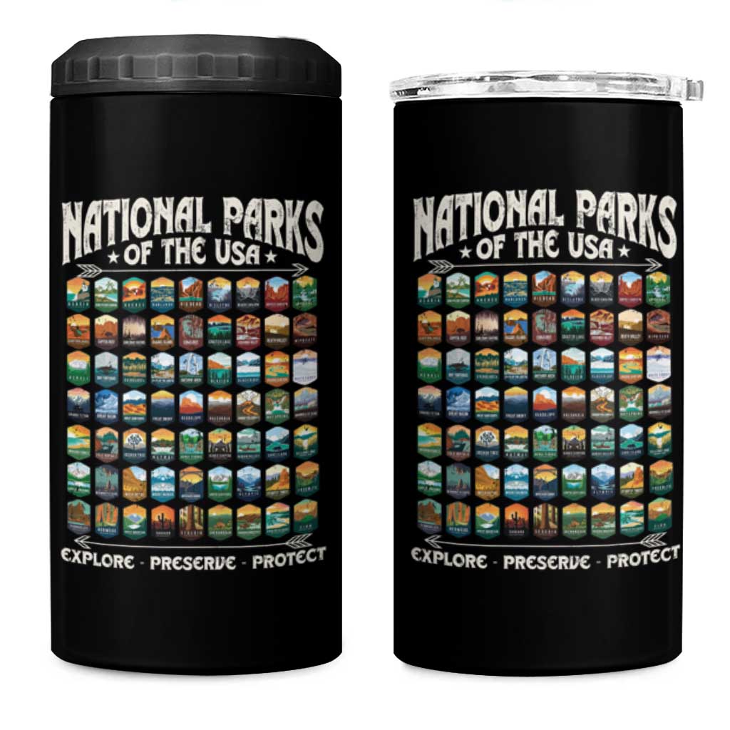 Protect Our National Parks 4 in 1 Can Cooler Tumbler 63 Parks Over Profits Camping Hiking Sunrise Pine Tree