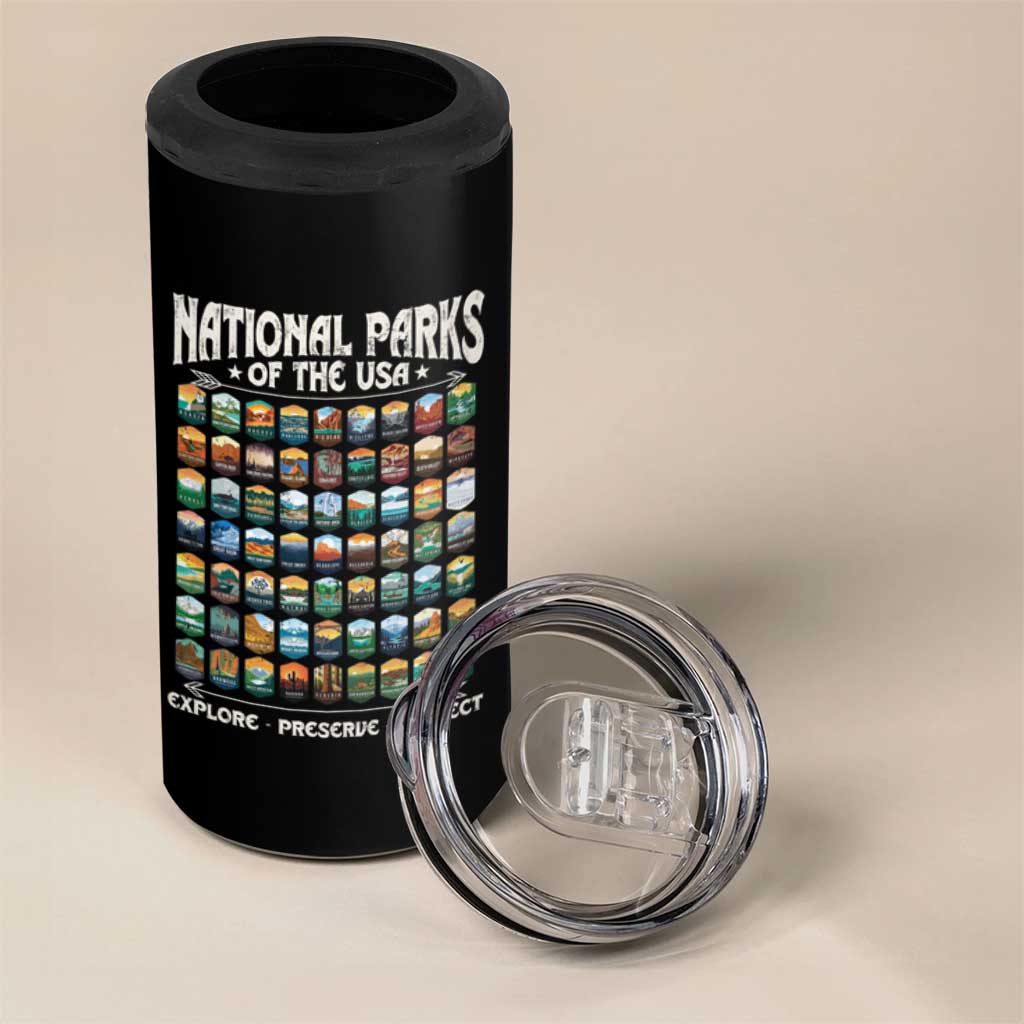Protect Our National Parks 4 in 1 Can Cooler Tumbler 63 Parks Over Profits Camping Hiking Sunrise Pine Tree