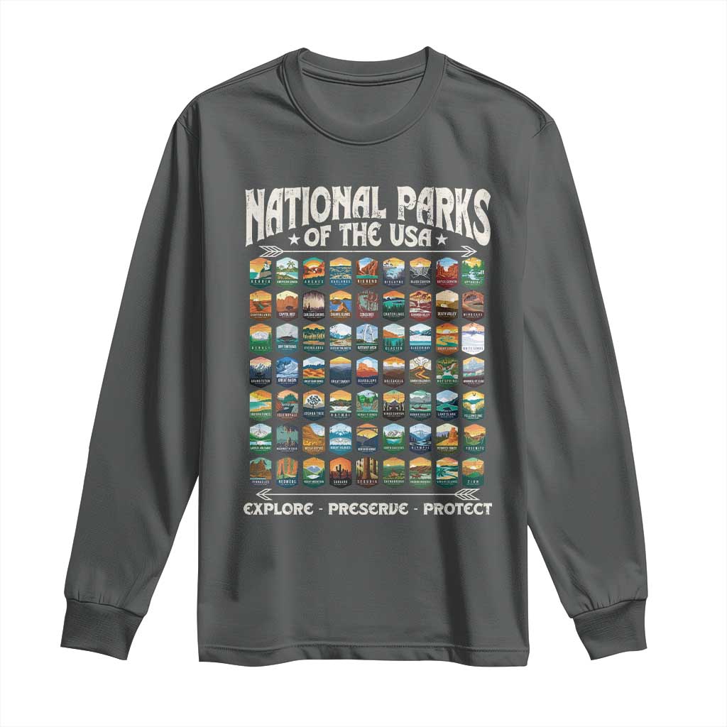 Protect Our National Parks Long Sleeve Shirt 63 Parks Over Profits Camping Hiking Sunrise Pine Tree