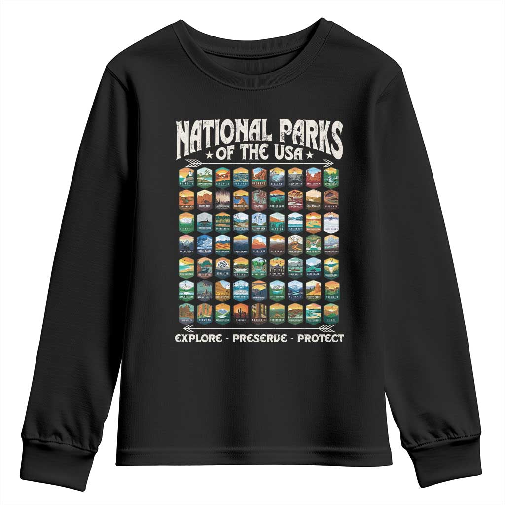 Protect Our National Parks Youth Sweatshirt 63 Parks Over Profits Camping Hiking Sunrise Pine Tree