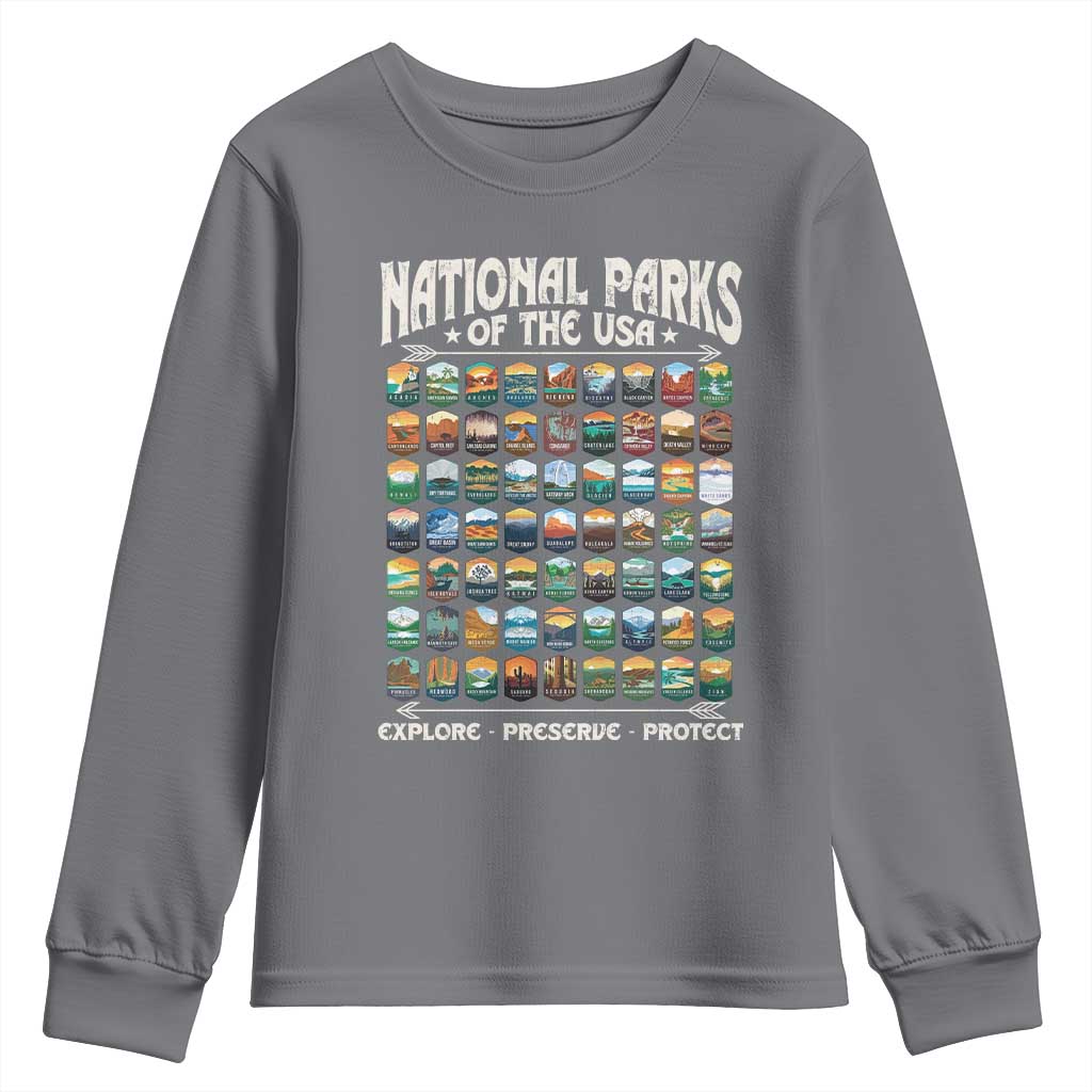 Protect Our National Parks Youth Sweatshirt 63 Parks Over Profits Camping Hiking Sunrise Pine Tree