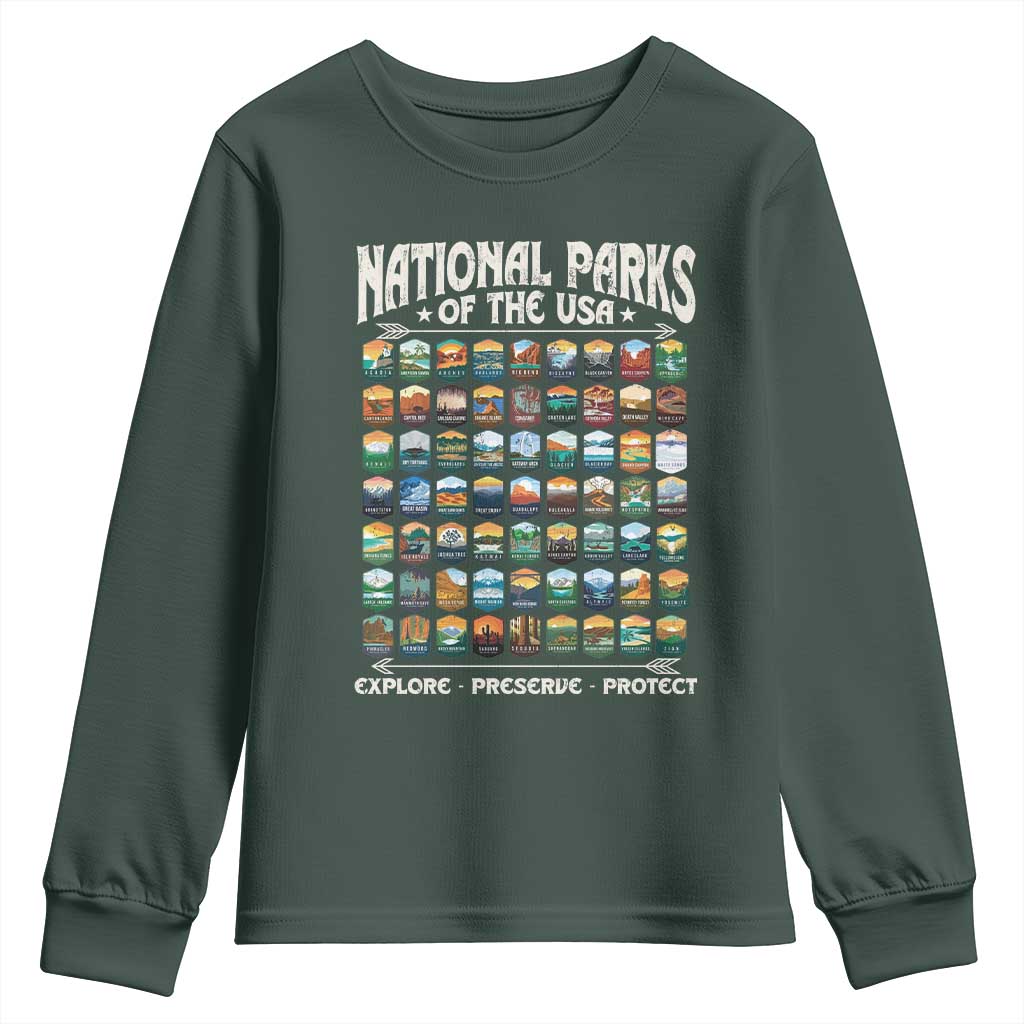 Protect Our National Parks Youth Sweatshirt 63 Parks Over Profits Camping Hiking Sunrise Pine Tree