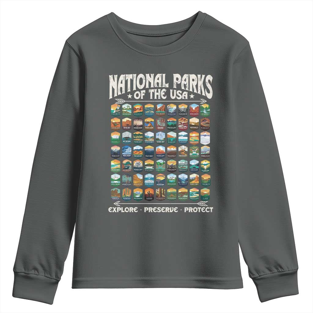 Protect Our National Parks Youth Sweatshirt 63 Parks Over Profits Camping Hiking Sunrise Pine Tree