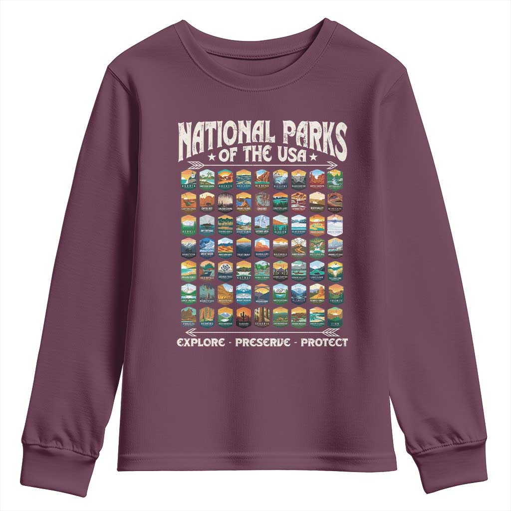 Protect Our National Parks Youth Sweatshirt 63 Parks Over Profits Camping Hiking Sunrise Pine Tree