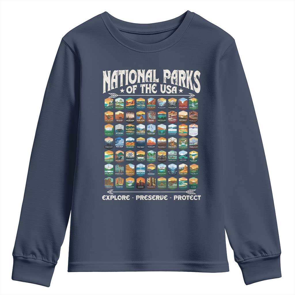 Protect Our National Parks Youth Sweatshirt 63 Parks Over Profits Camping Hiking Sunrise Pine Tree