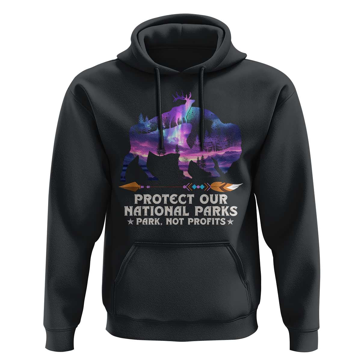 Protect Our National Parks Hoodie Bison Forest Starscape Aurora