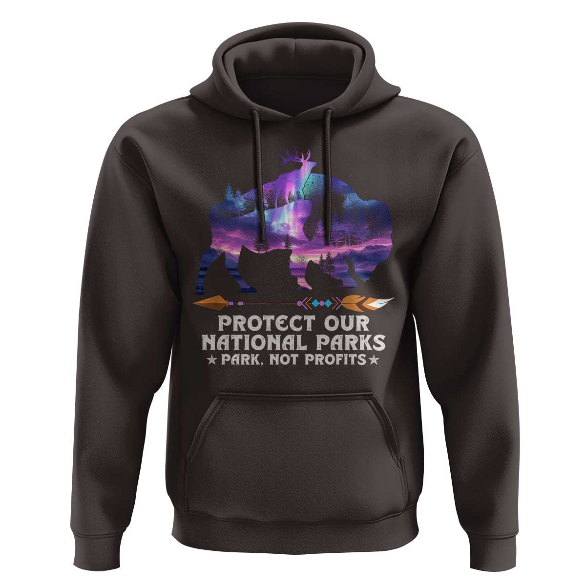 Protect Our National Parks Hoodie Bison Forest Starscape Aurora