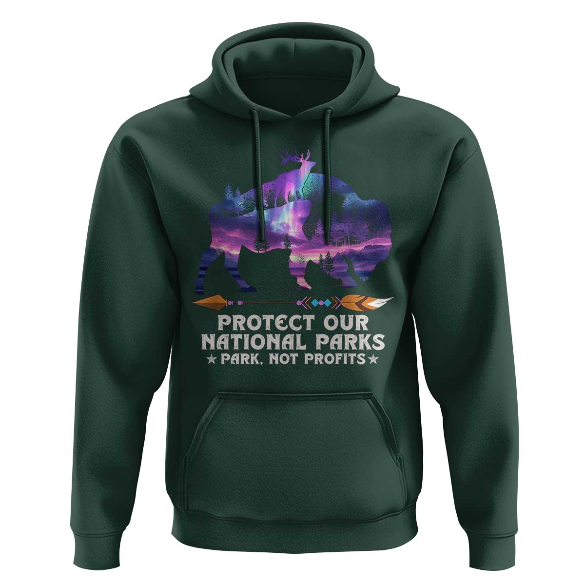 Protect Our National Parks Hoodie Bison Forest Starscape Aurora