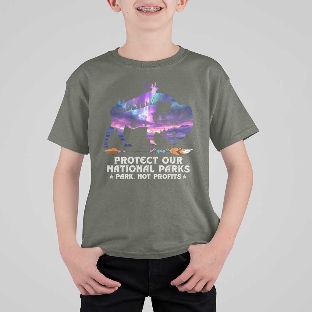Protect Our National Parks T Shirt For Kid Bison Forest Starscape Aurora