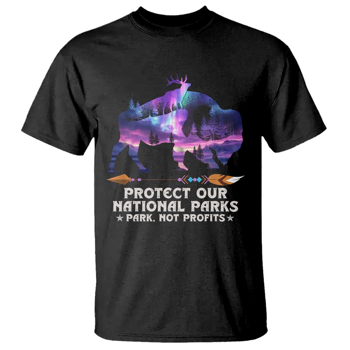 Protect Our National Parks T Shirt Bison Forest Starscape Aurora