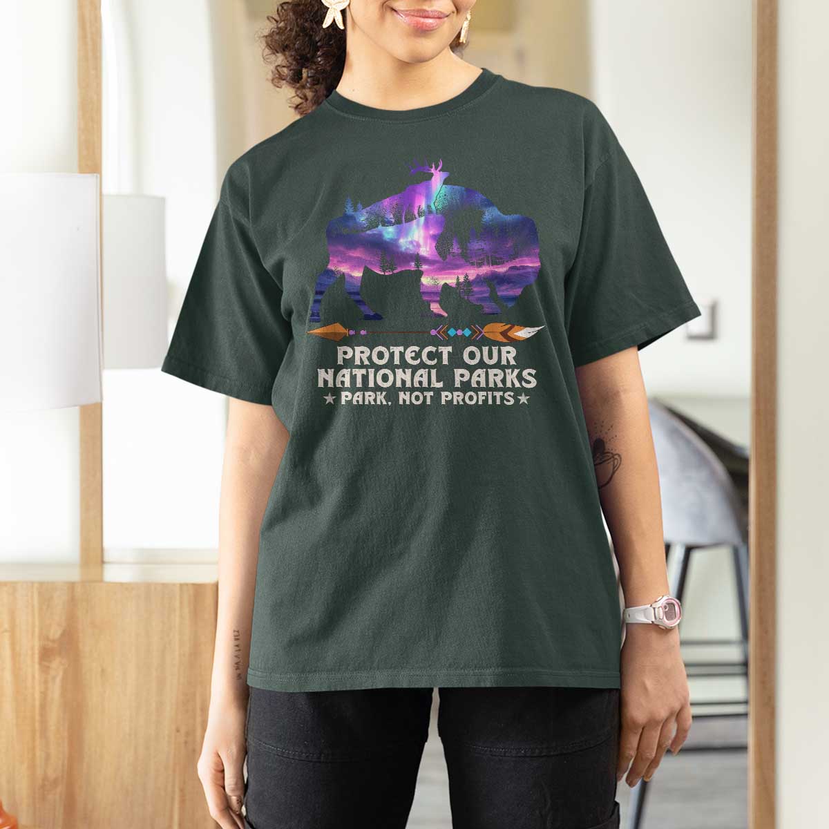Protect Our National Parks T Shirt For Women Bison Forest Starscape Aurora