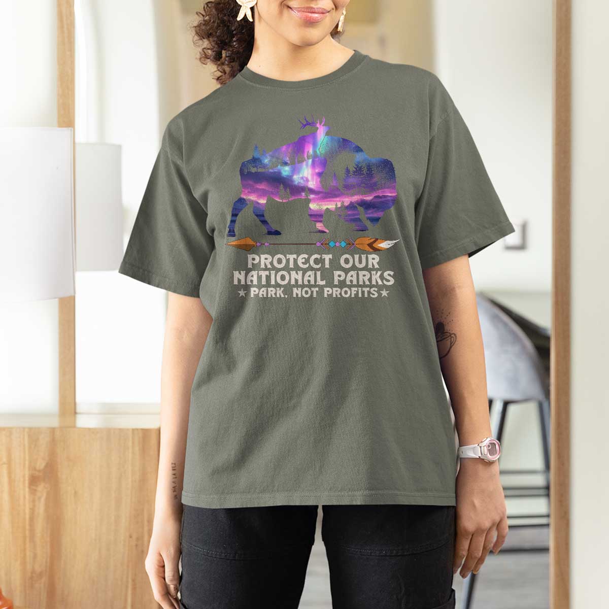 Protect Our National Parks T Shirt For Women Bison Forest Starscape Aurora