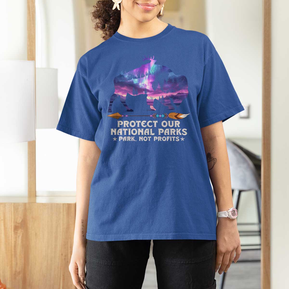 Protect Our National Parks T Shirt For Women Bison Forest Starscape Aurora
