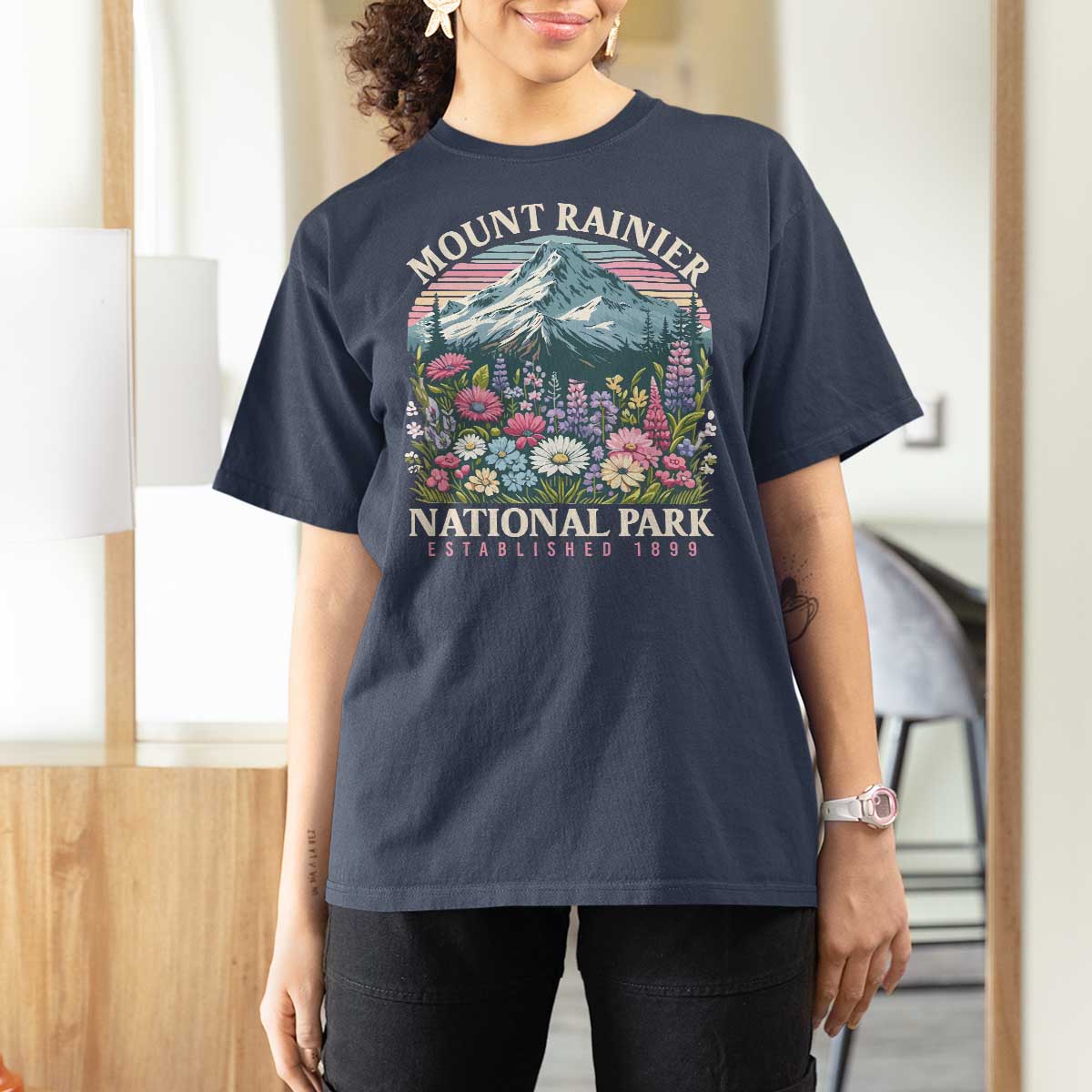 Mount Rainier National Park T Shirt For Women Retro Vintage Wildflowers