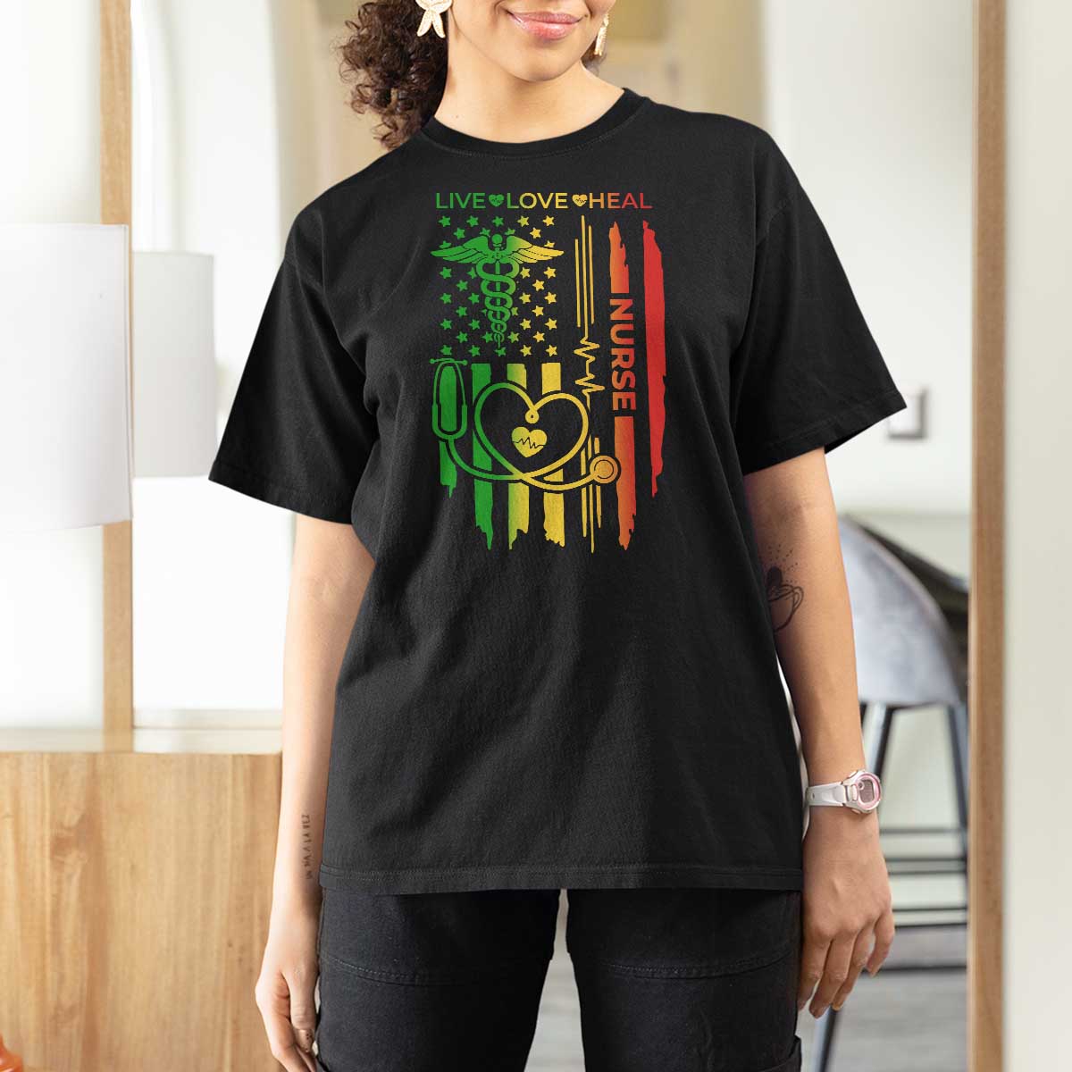 Black Nurse T Shirt For Women American Flag Proud Afro African Women Melanin Pride