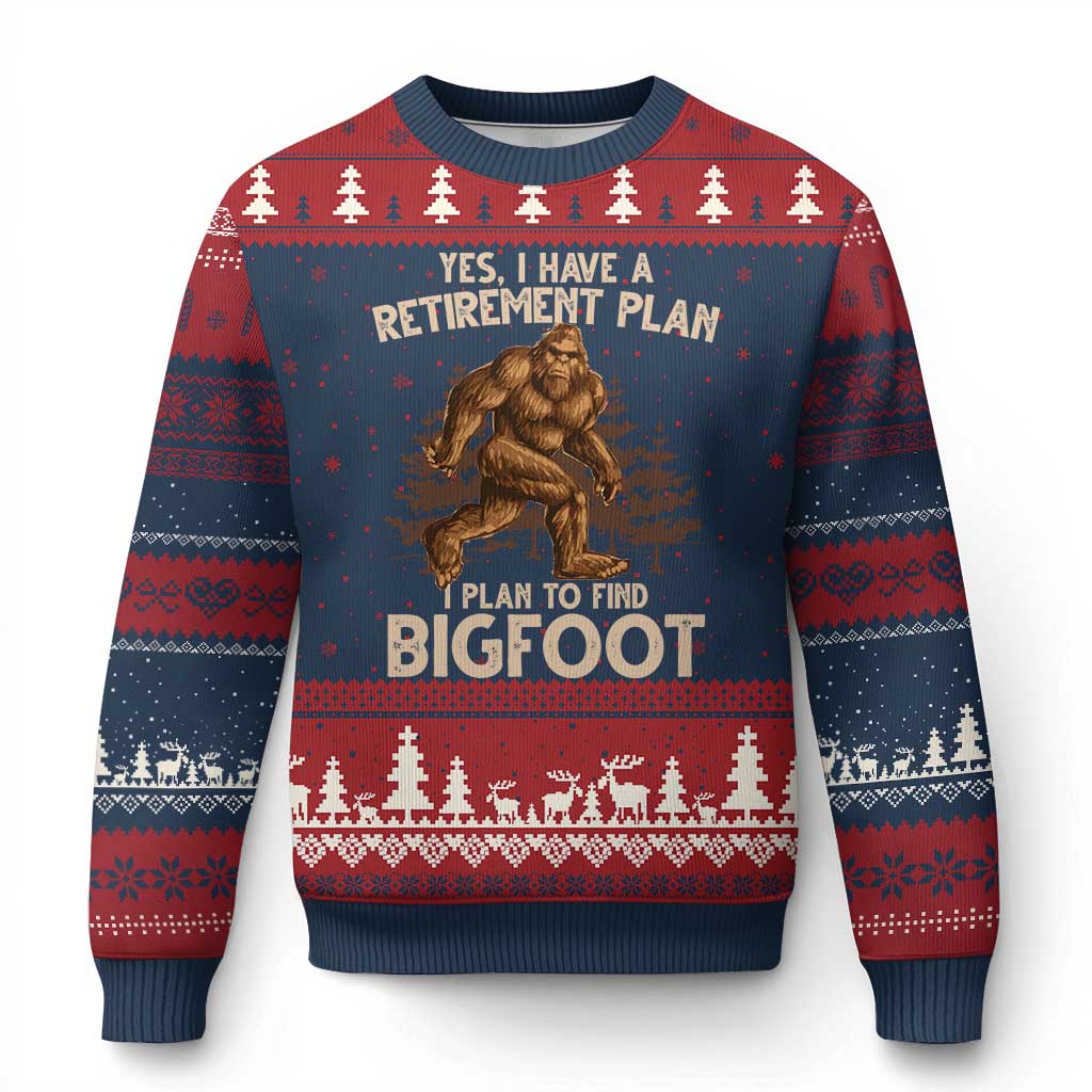 Bigfoot Retirement Plan Ugly Christmas Sweater Funny Saying Sasquatch Research - Wonder Print Shop