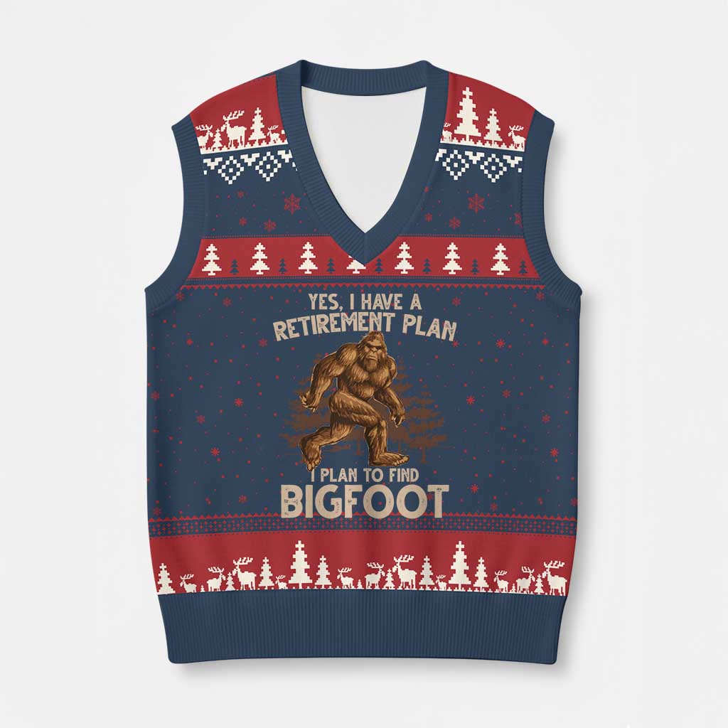 Bigfoot Retirement Plan V-Neck Knit Sweater Vest Funny Saying Sasquatch Research - Wonder Print Shop