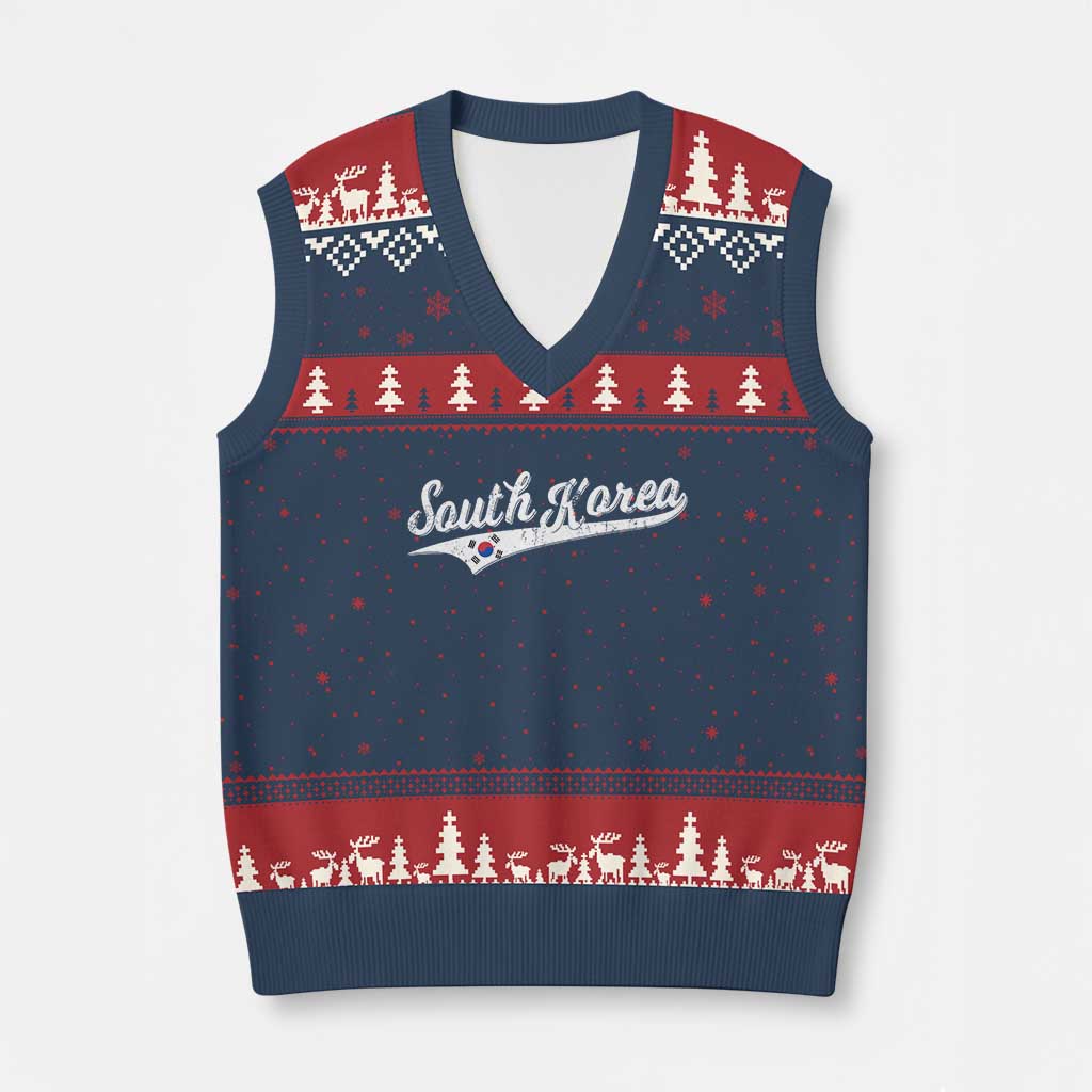 South Korea V-Neck Knit Sweater Vest Retro Script Sport Korean Flag