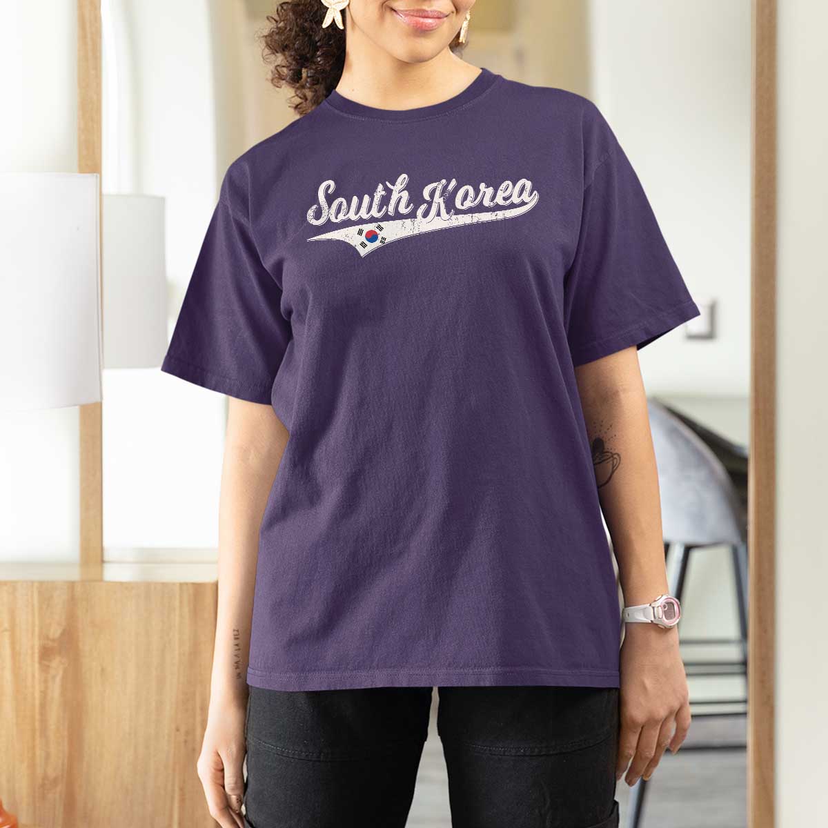 South Korea T Shirt For Women Retro Script Sport Korean Flag