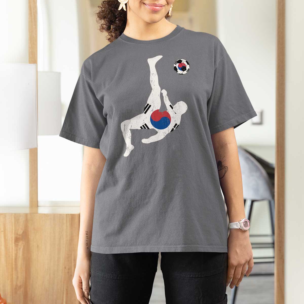 South Korea Soccer T Shirt For Women Bicycle Kick Silhouette Korean Flag