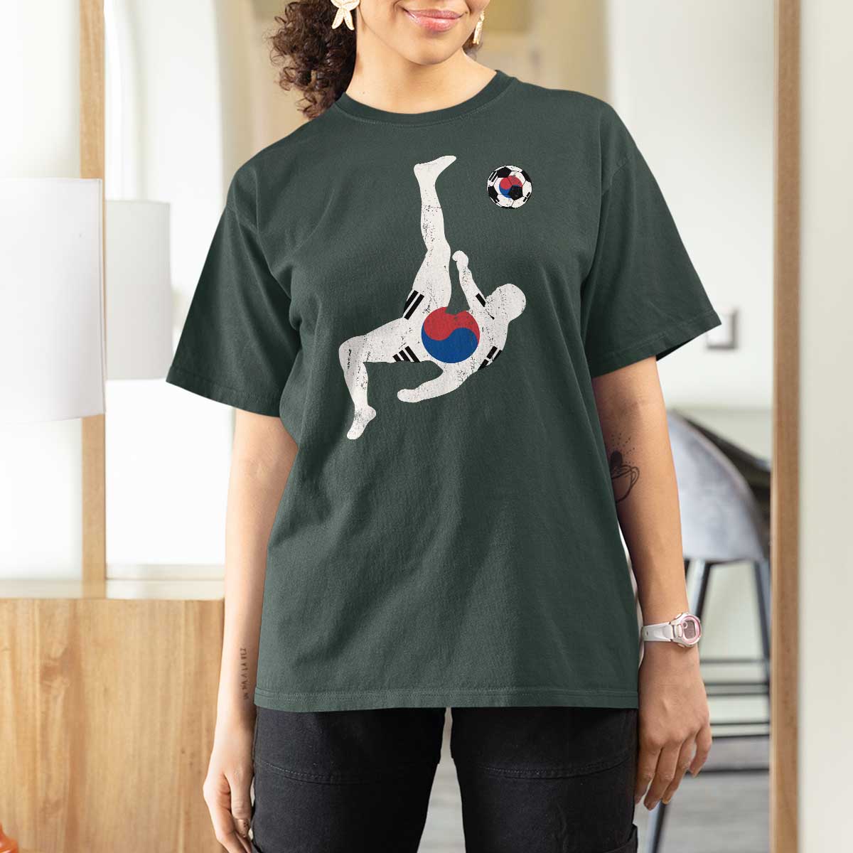 South Korea Soccer T Shirt For Women Bicycle Kick Silhouette Korean Flag