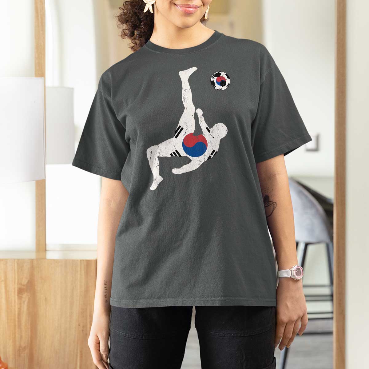 South Korea Soccer T Shirt For Women Bicycle Kick Silhouette Korean Flag