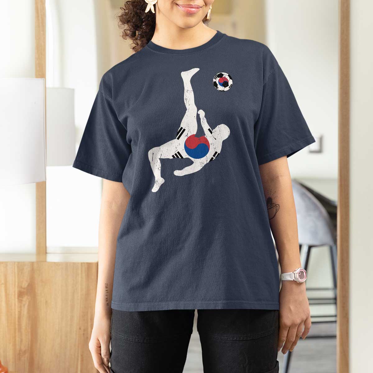 South Korea Soccer T Shirt For Women Bicycle Kick Silhouette Korean Flag