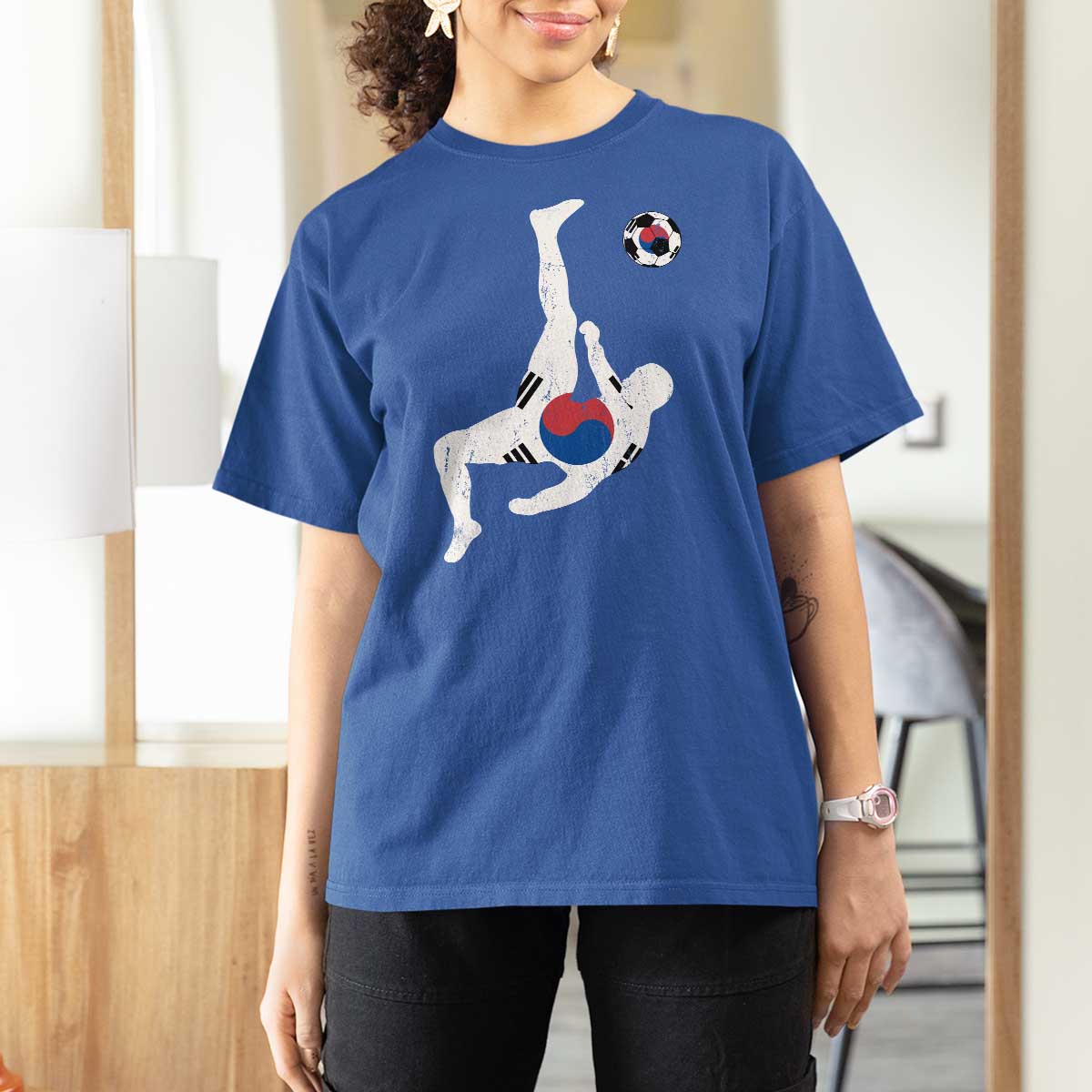 South Korea Soccer T Shirt For Women Bicycle Kick Silhouette Korean Flag