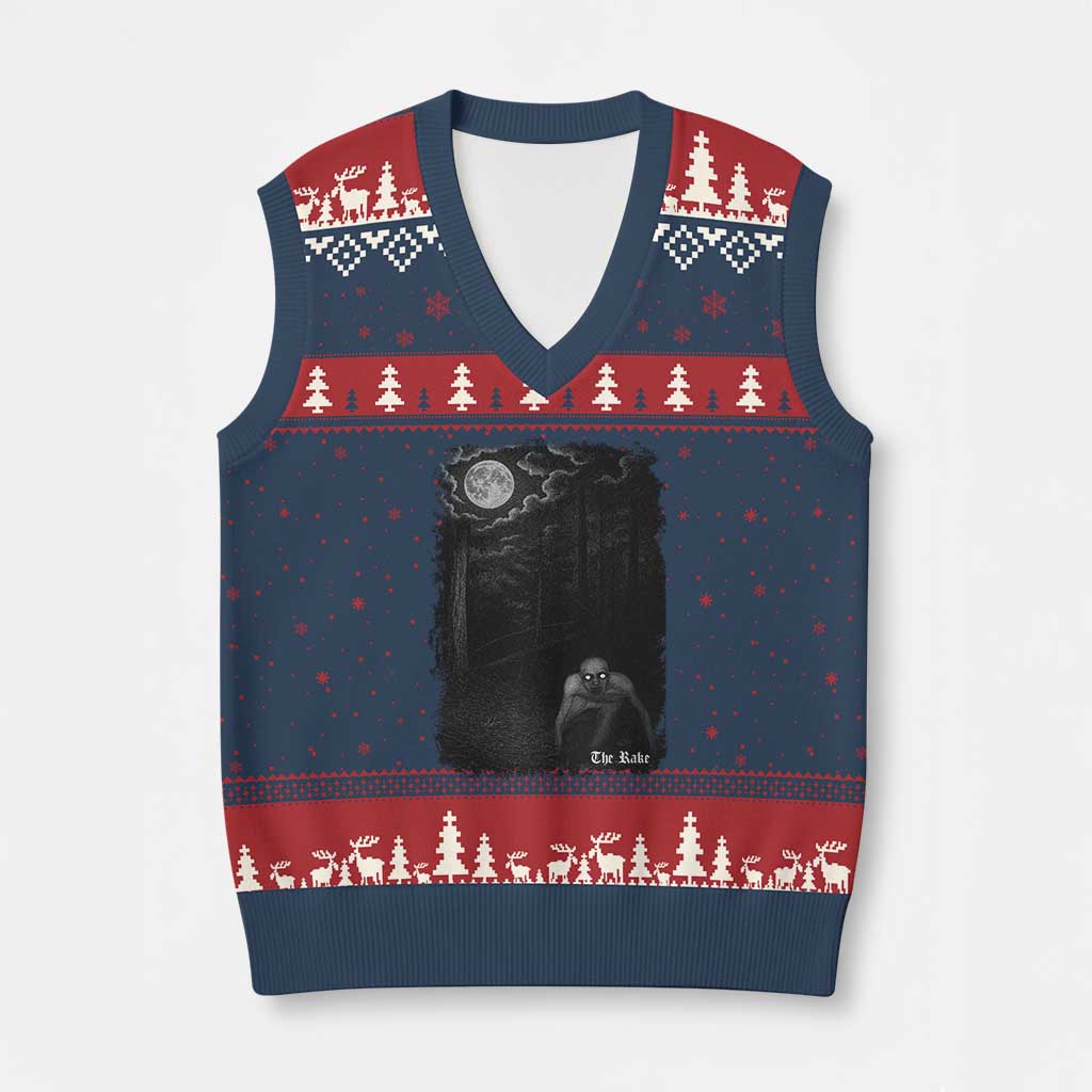 Rake Creepypasta V-Neck Knit Sweater Vest Cryptid Series Cryptozoology Gift Creepy Horror Halloween - Wonder Print Shop