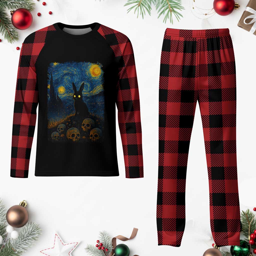 Creepy Cute Bunny Rabbits Plaid Pajama Set Alt Goth Grunge Dark Horror Starry Night Van Gogh Aesthetic