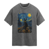 Creepy Cute Bunny Rabbits Washed Cotton T-Shirt Alt Goth Grunge Dark Horror Starry Night Van Gogh Aesthetic