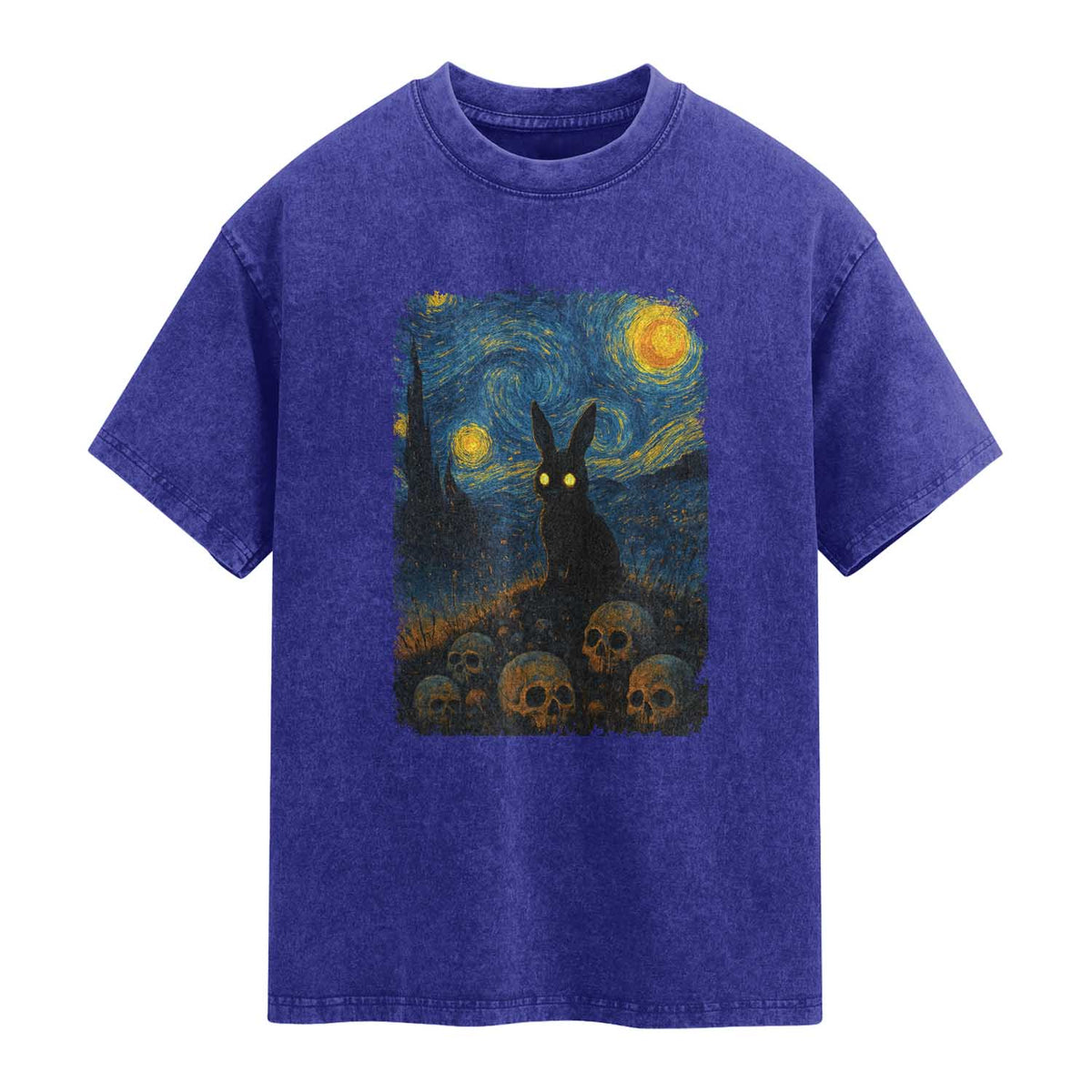 Creepy Cute Bunny Rabbits Washed Cotton T-Shirt Alt Goth Grunge Dark Horror Starry Night Van Gogh Aesthetic