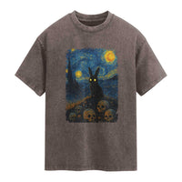 Creepy Cute Bunny Rabbits Washed Cotton T-Shirt Alt Goth Grunge Dark Horror Starry Night Van Gogh Aesthetic