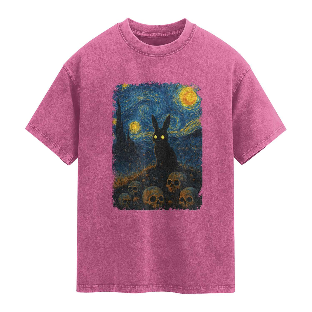 Creepy Cute Bunny Rabbits Washed Cotton T-Shirt Alt Goth Grunge Dark Horror Starry Night Van Gogh Aesthetic