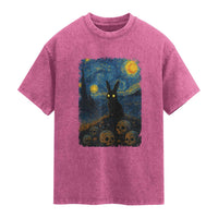 Creepy Cute Bunny Rabbits Washed Cotton T-Shirt Alt Goth Grunge Dark Horror Starry Night Van Gogh Aesthetic
