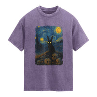 Creepy Cute Bunny Rabbits Washed Cotton T-Shirt Alt Goth Grunge Dark Horror Starry Night Van Gogh Aesthetic