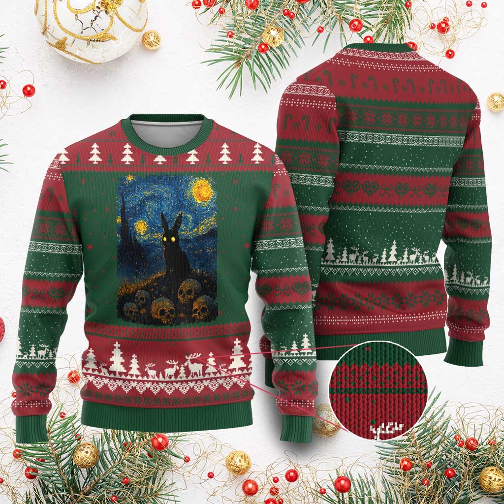 Creepy Cute Bunny Rabbits Ugly Christmas Sweater Alt Goth Grunge Dark Horror Starry Night Van Gogh Aesthetic