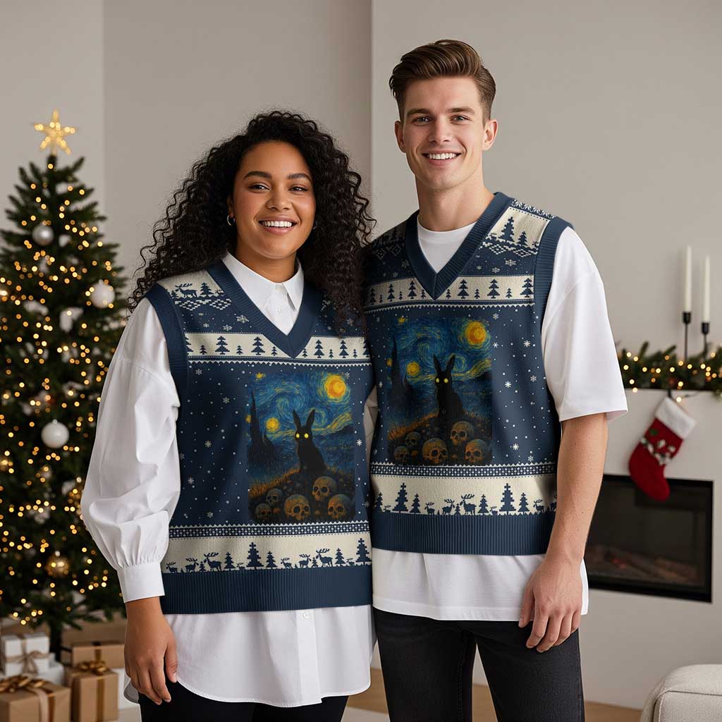 Creepy Cute Bunny Rabbits V-Neck Knit Sweater Vest Alt Goth Grunge Dark Horror Starry Night Van Gogh Aesthetic