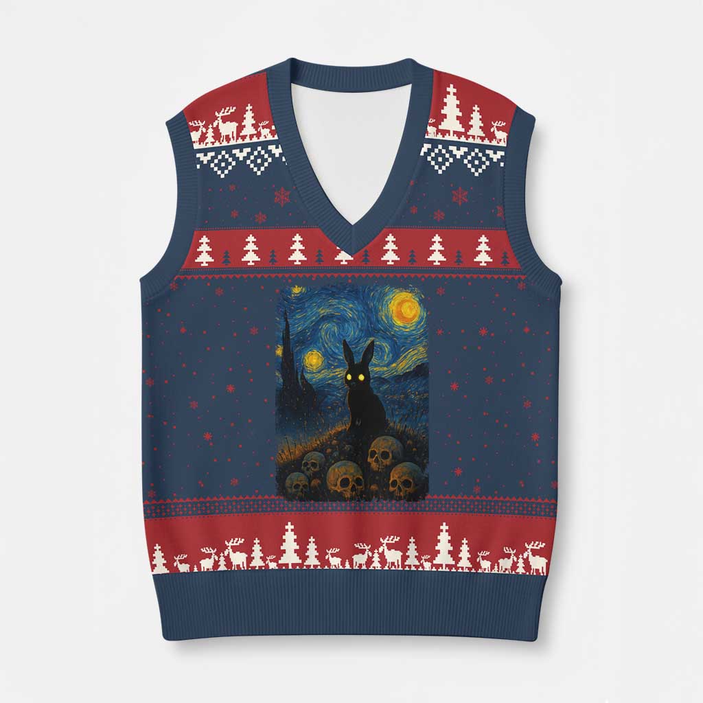 Creepy Cute Bunny Rabbits V-Neck Knit Sweater Vest Alt Goth Grunge Dark Horror Starry Night Van Gogh Aesthetic
