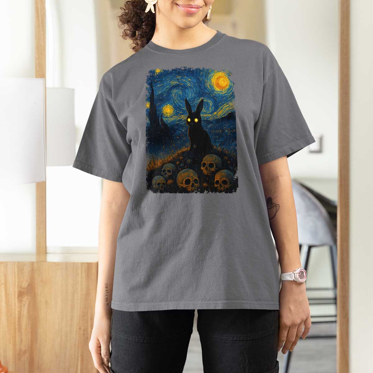 Creepy Cute Bunny Rabbits T Shirt For Women Alt Goth Grunge Dark Horror Starry Night Van Gogh Aesthetic