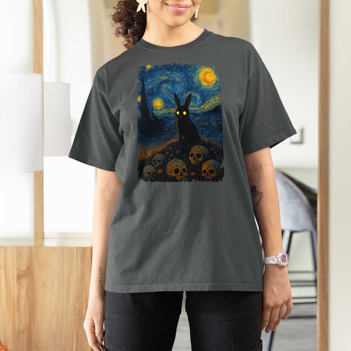 Creepy Cute Bunny Rabbits T Shirt For Women Alt Goth Grunge Dark Horror Starry Night Van Gogh Aesthetic