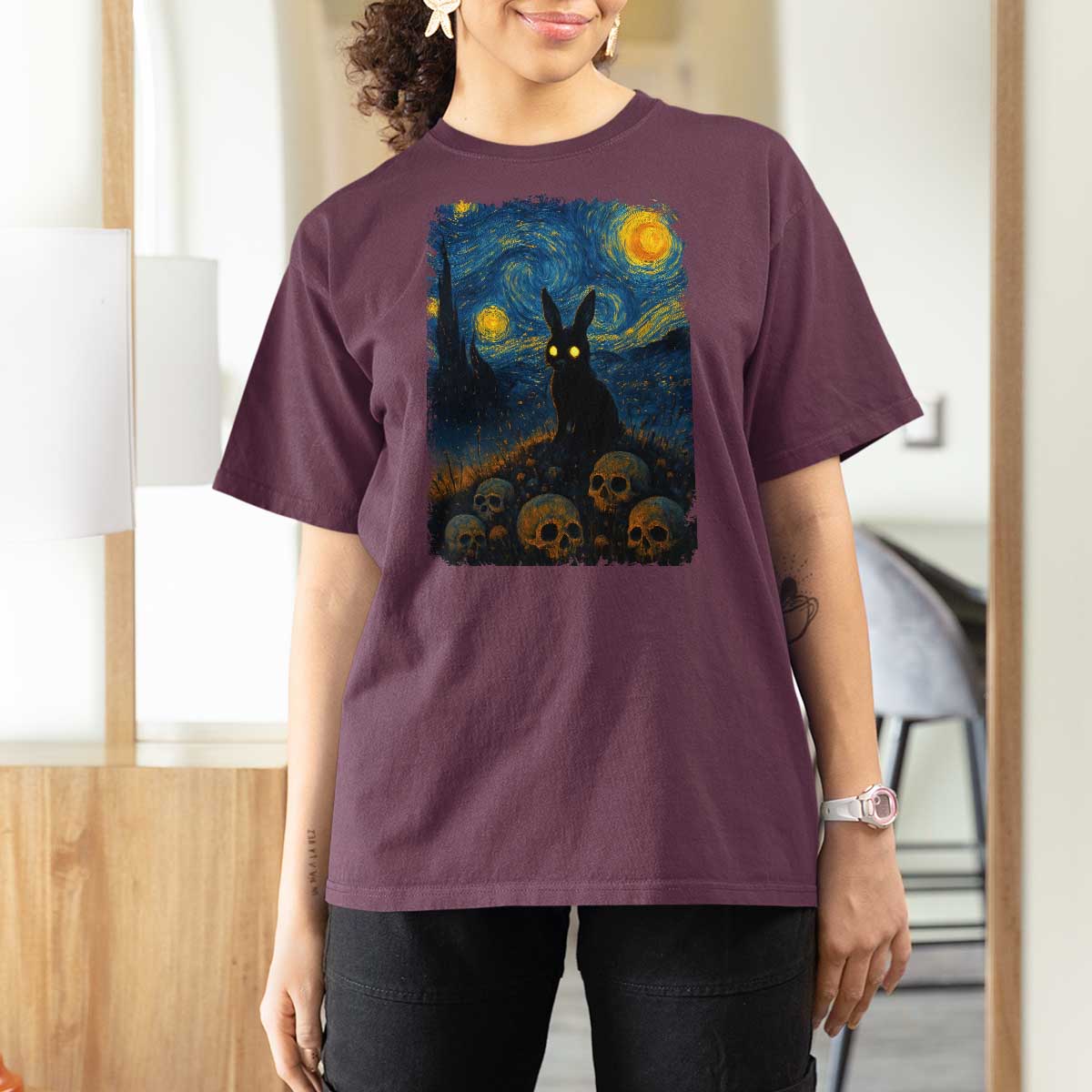 Creepy Cute Bunny Rabbits T Shirt For Women Alt Goth Grunge Dark Horror Starry Night Van Gogh Aesthetic