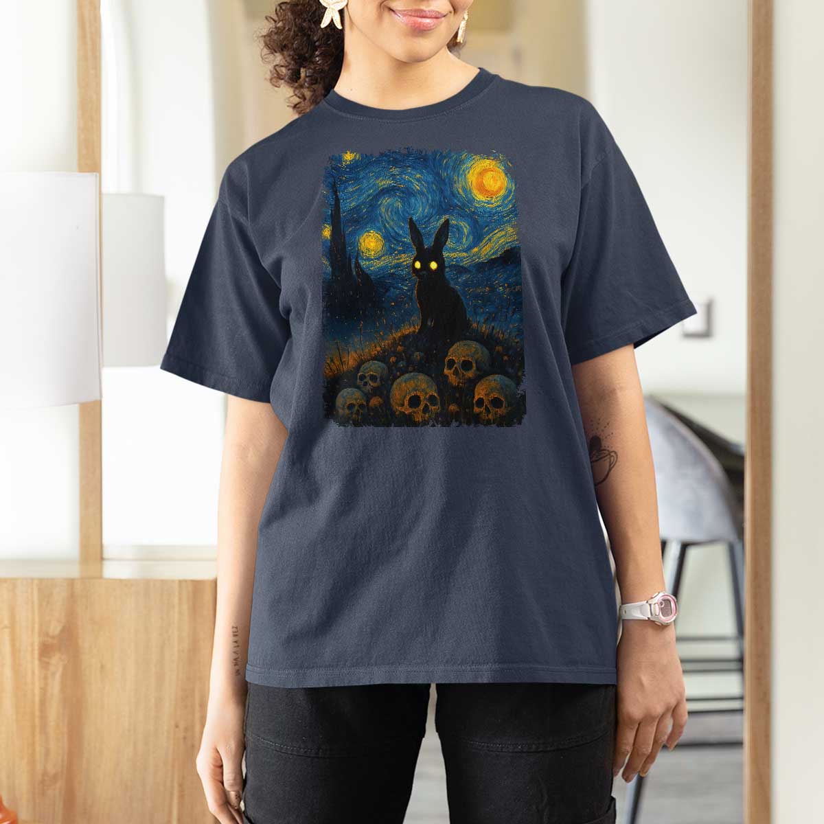 Creepy Cute Bunny Rabbits T Shirt For Women Alt Goth Grunge Dark Horror Starry Night Van Gogh Aesthetic
