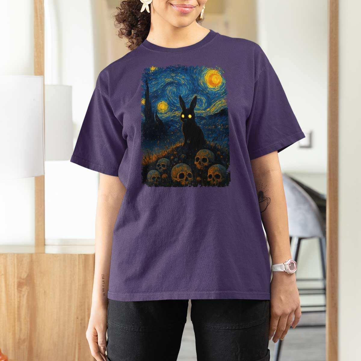 Creepy Cute Bunny Rabbits T Shirt For Women Alt Goth Grunge Dark Horror Starry Night Van Gogh Aesthetic