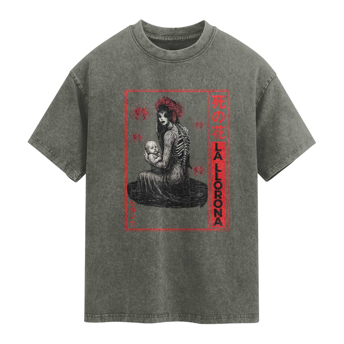 La Llorona Washed Cotton T-Shirt Folklore Japanese Spider Lily Soft Grunge Anime Aesthetic Flower