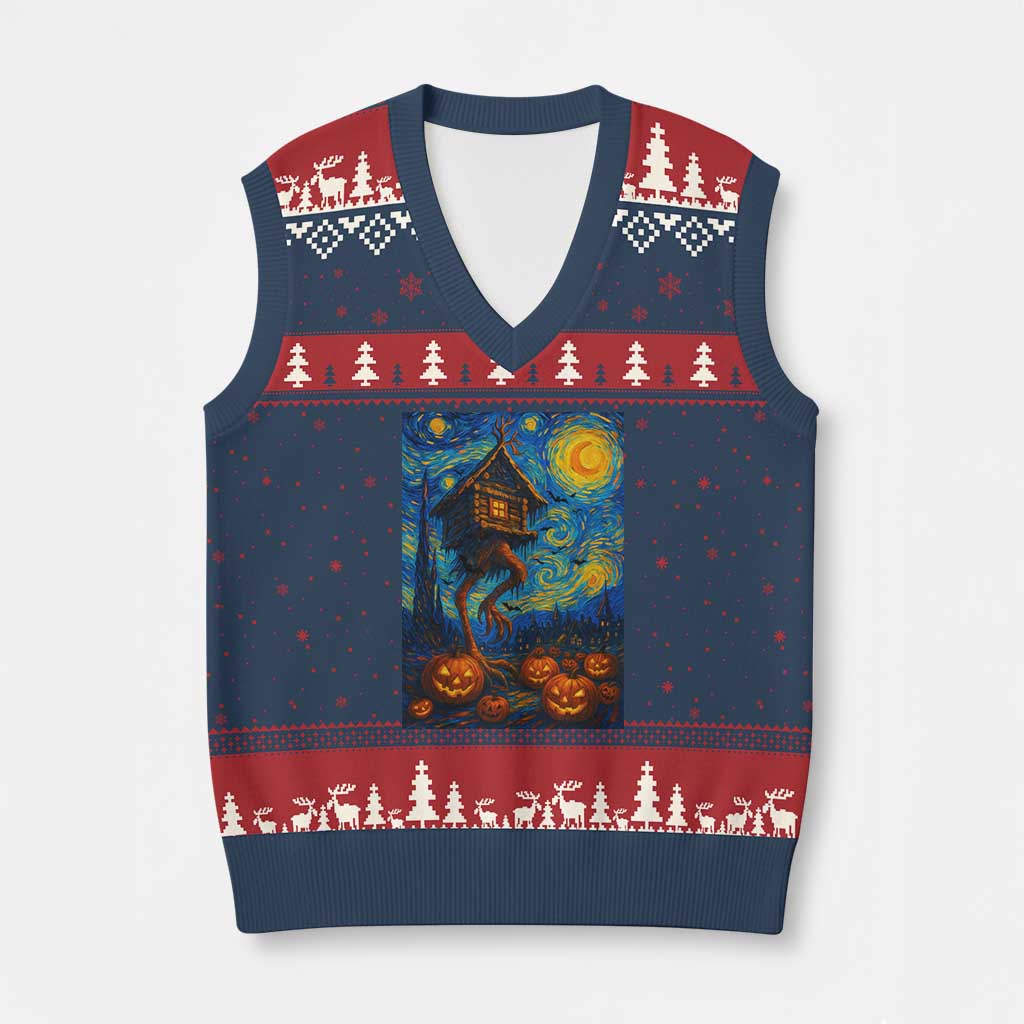 Baba Yaga House V-Neck Knit Sweater Vest Starry Night Van Gogh Slavic Folklore Russia Fairy Tale - Wonder Print Shop