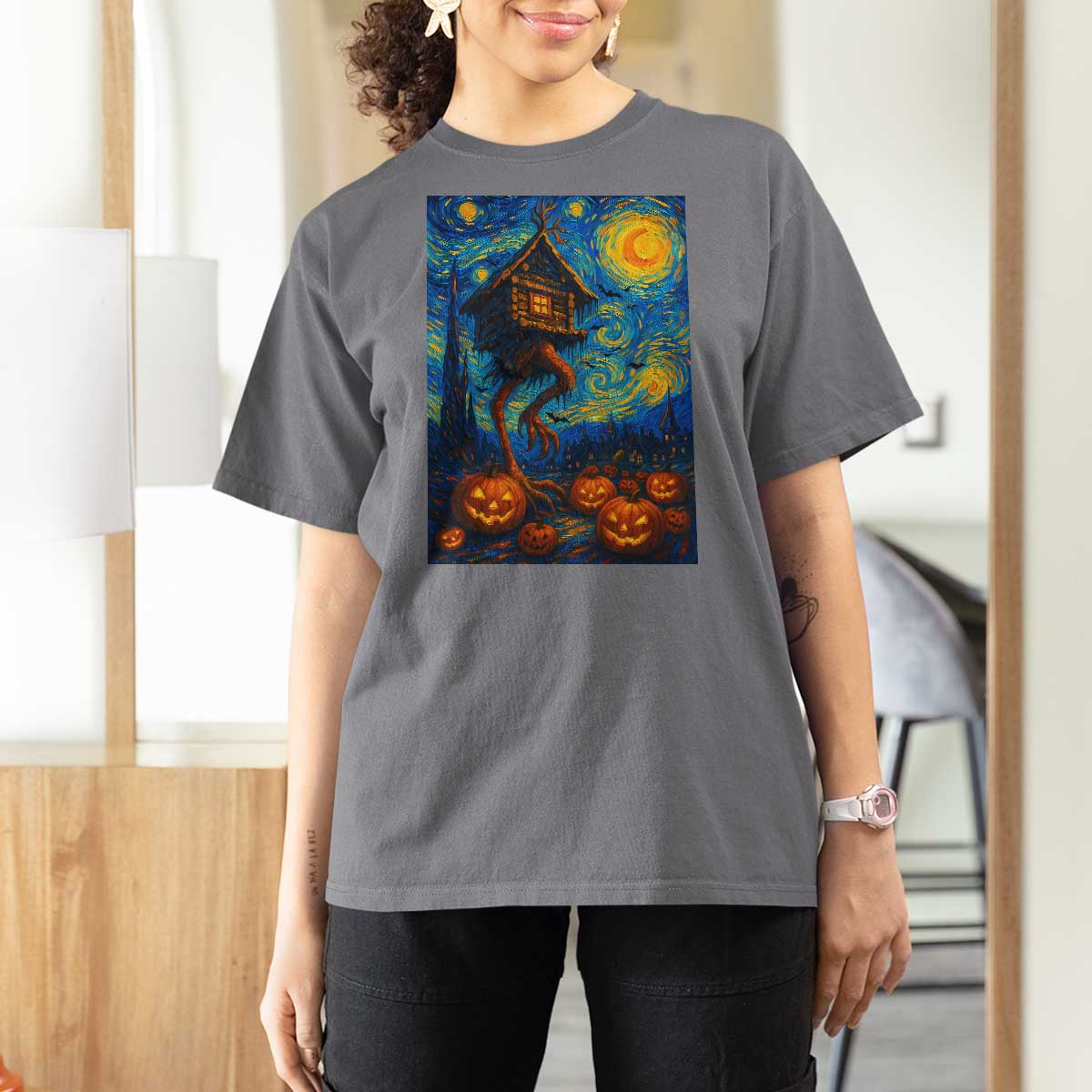 Baba Yaga House T Shirt For Women Starry Night Van Gogh Slavic Folklore Russia Fairy Tale - Wonder Print Shop