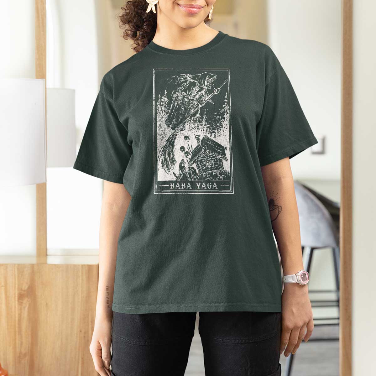 Baba Yaga House Tarot Card T Shirt For Women Botanical Slavic Folklore Pagan Witchy - Wonder Print Shop